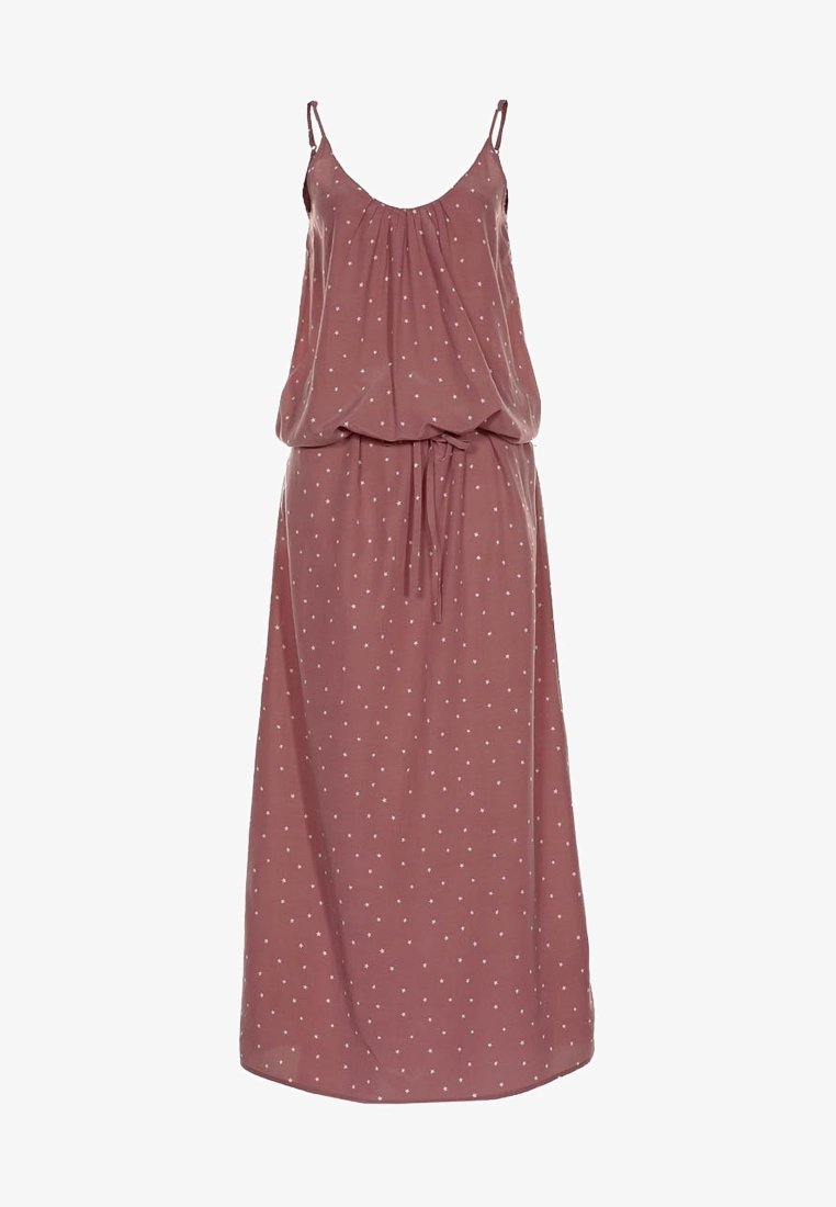 Rose-colored maxi dress with thin straps, gathered neckline, and a drawstring waist, featuring a white star pattern throughout. Lightweight fabric.