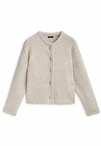 Hellbeige Strickjacke aus geripptem Material. Sie hat einen runden Ausschnitt, lange Ärmel und fünf Holzknöpfe auf der Vorderseite.