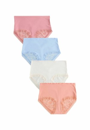 Vier paar dames hoge taille slipjes in pastelkleuren: roze, blauw, wit en perzik. Elk heeft een kanten afwerking bij de beenopeningen.