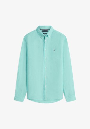 Hell-türkisfarbenes, langärmliges Hemd mit Knopfleiste, Button-Down-Kragen und kleinem Tommy Hilfiger Logo auf der Brust.