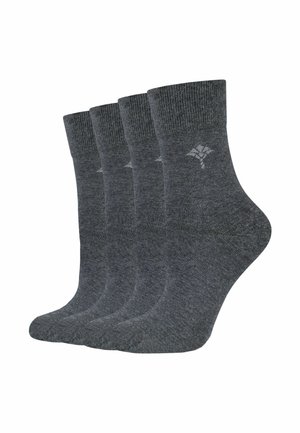 Graue Baumwollsocken, in Crew-Länge, vier Paar übereinander gestapelt. Mit geripptem Bund und kleinem Logo Nähe des Knöchels. Strukturiertes Gewebe.