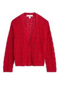 Roter Strickcardigan mit V-Ausschnitt, Knopfleiste vorne und langen Ärmeln. Strukturmuster mit horizontalen, wellenförmigen Linien durchgehend.