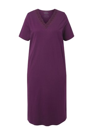 Lila Baumwoll-T-Shirt-Kleid mit kurzen Ärmeln, V-Ausschnitt und bestickten Details entlang des Ausschnitts. Glatte Textur, lässige Passform.