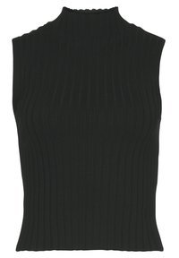Schwarzes, geripptes ärmelloses Oberteil mit hohem Kragen. Verfügt über eine strukturierte Oberfläche und einen gewellten Saum am Hals. Figurbetontes Design.