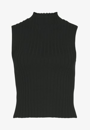 Top senza maniche a coste nere con collo alto. Presenta una finitura testurizzata e un orlo ondulato sul collo. Design aderente.