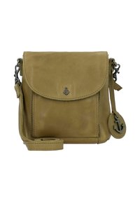Borsa a tracolla compatta in pelle color oliva con chiusura a pattina, tracolla regolabile ed emblema in metallo a forma di ancora sul davanti e etichetta pendente.