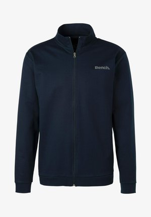 Navy blue zip-up jacket made of soft material. Features a high collar, long sleeves, and a subtle "Bench." logo on the chest.