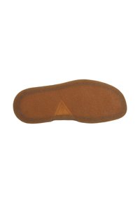 Brown rubber shoe sole with textured surface, featuring a triangular logo at center and rounded edges for comfort.
