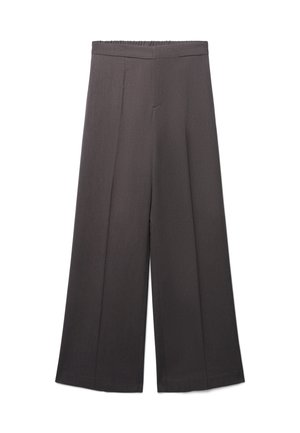 Spodnie o szerokich nogawkach w ciemnoszarym materiale, z dopasowanym pasem i płaskim przodem. Gładka tekstura z minimalną ilością szwów i bez widocznych kieszeni.