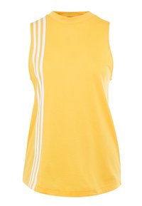 Top sin mangas de color amarillo, hecho de suave tela de jersey, con un cuello alto y tres rayas verticales blancas en el lado izquierdo.