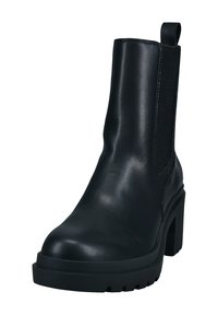 Black leather ankle boot with a smooth surface, elastic side panels, and a chunky heel. Features a loop tab for easy wear.