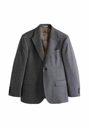 Single-breasted gray blazer with notched lapels, one black button, front flap pockets, and matching cuff buttons, shown against a white background.