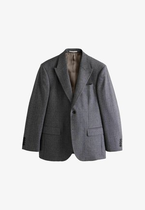 Einreihiger grauer Blazer mit gekerbtem Revers, einem schwarzen Knopf, vorderen Pattentaschen und passenden Manschettenknöpfen, vor weißem Hintergrund gezeigt.