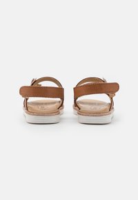 Brown leather sandals with adjustable straps, white rubber soles, and textured footbeds. Rear view highlighting strap details and stitching.