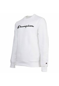 Weißes Sweatshirt mit schwarzem "Champion"-Logo, langen Ärmeln, Rundhalsausschnitt, gerippten Bündchen und Saum. Weicher, Baumwollmischungsstoff.