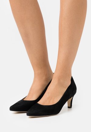 Escarpins noirs en daim à talons hauts avec un bout pointu et un petit talon effilé. Texture lisse sans motifs visibles ni détails matériels.