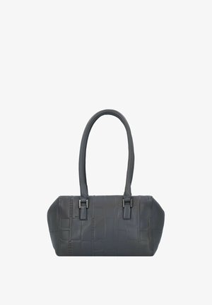 Sac à main en cuir gris avec un design texturé, équipé de deux poignées robustes et d'accents métalliques. Sa forme est rectangulaire avec des bords arrondis.