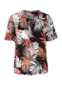 Blouse noire à manches courtes avec imprimé feuilles tropicales corail, blanc et beige et petit col en V avec col.