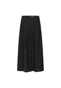 Jupe midi en dentelle noire avec un motif floral, présentant une silhouette droite, une texture subtile et une fermeture éclair dans le dos discrète.