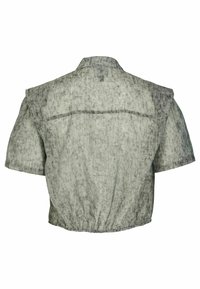 Cămașă scurtă, lejeră, cu mâneci scurte și guler, în nuanță de gri deschis, cu un model abstract texturat, văzută din spate.