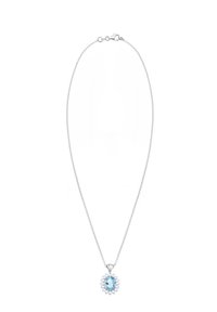 Silverfärgad kedja med en blå oval ädelsten som hänge, omgiven av en cirkulär arrangemang av små klara stenar.