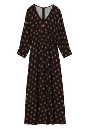 Schwarzes Kleid mit Dreiviertelärmeln, V-Ausschnitt, gemustert mit kleinen, quadratischen, orangefarbenen und beigen Designs, mit einem Reißverschluss auf der Rückseite.