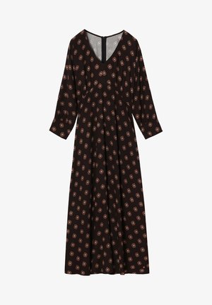 Rochie neagră cu mâneci trei sferturi, decolteu în V, decorată cu modele mici, pătrate, de culoare portocalie și bej, având o închidere cu fermoar la spate.