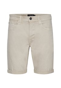 Beige bomullsshorts med en glatt tekstur, rullekant, to frontlommer og knappelukking. Merkevareetikett synlig ved midjen.