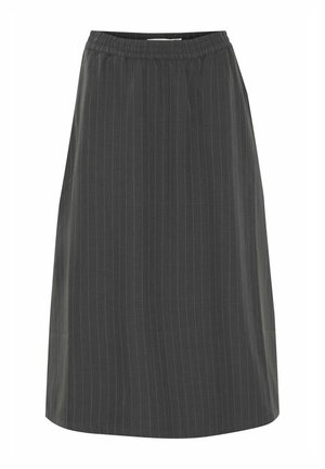 Grå stribet nederdel med elastisk talje, knælangt design og glat stoftekstur. Afslappet og alsidig til forskellige outfits.