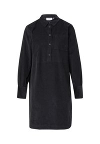 Schwarzes Cordkleid mit kragenlosem Ausschnitt, Knopfleiste, langen Ärmeln mit gerafften Manschetten und einer Brusttasche.