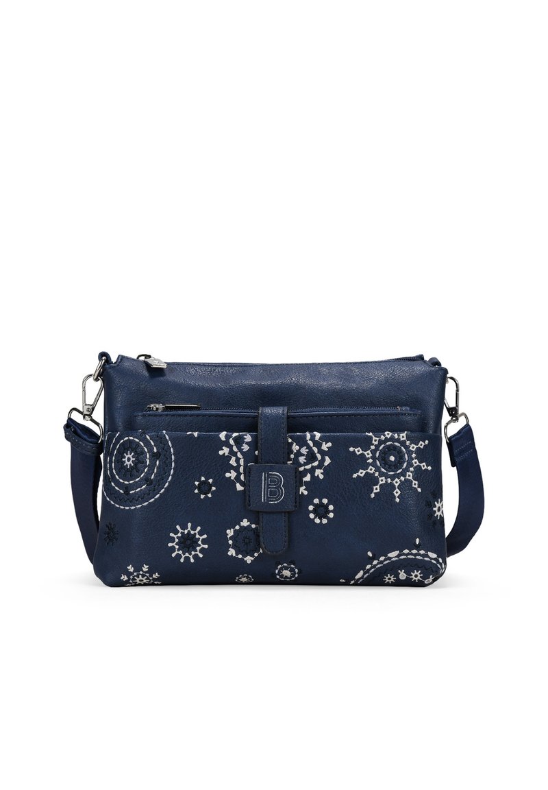 Bolso de hombro de cuero azul marino con patrones florales bordados en blanco, parte superior con cremallera, bolsillo frontal y correa ajustable. Dimensiones no especificadas.