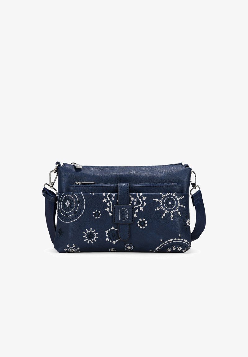 Bolso de hombro de cuero azul marino con patrones florales bordados en blanco, parte superior con cremallera, bolsillo frontal y correa ajustable. Dimensiones no especificadas.