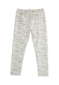 Szare legginsy z elastycznym pasem, z powtarzającym się wzorem napisu w jasnobrązowym kolorze, zawierającym frazy takie jak "Dobre Wibracje" i "Ciesz się Chwilami."