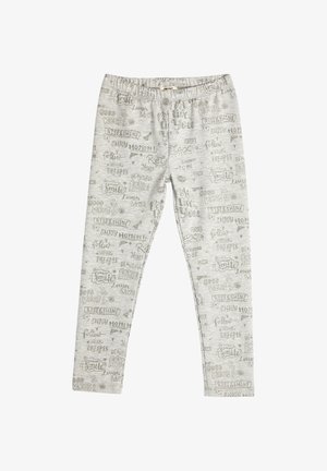 Graue Leggings mit elastischem Bund, die ein wiederholtes Muster aus handgeschriebenem, hellbraunem Text aufweisen, einschließlich Phrasen wie "Gute Vibes" und "Momente genießen."