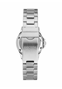 Orologio da polso in metallo argento con bracciale a maglie, finitura lucida e chiusura spazzolata. Presenta la parola "SECTOR" incisa sulla chiusura.