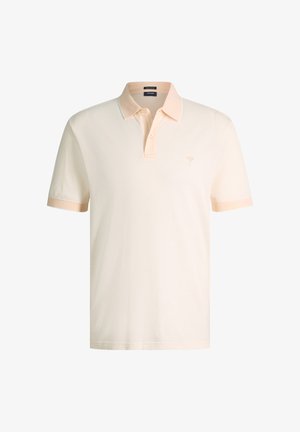 Beige polohemd met korte mouwen, kraag, twee knopen en een klein geborduurd logo op de linkerborst.