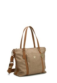 Borsa tote beige testurizzata con accenti in pelle marrone, manici doppi, tracolla rimovibile e dettagli in metallo dorato.