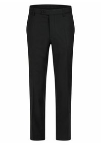 Schwarze Tailored-Hosen mit flacher Vorderseite, Gürtelschlaufen und Knopfverschluss. Hergestellt aus einem glatten Material mit einem geraden Bein-Design.