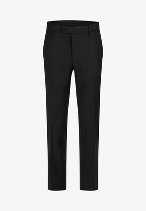 Black tailored trousers with a flat front, belt loops, and a button closure. Made from a smooth material with a straight-leg design.