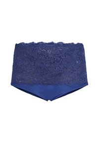 Blue high-waisted underwear featuring a floral lace panel at the top, with a smooth fabric bottom and scalloped edges.