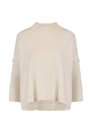 Elfenbeinfarbener, lockerer Pullover mit geripptem Stehkragen und gerippten, mittellangen Ärmel, der einen leicht geschwungenen Saum aufweist.