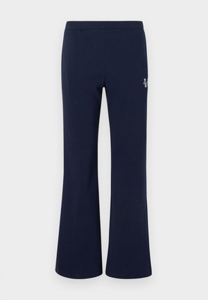 Marineblaue Sweatpants mit geradem Bein, elastischem Bund und kleinem weißem Logo am oberen Oberschenkel.