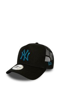 Black baseball cap with a mesh back, featuring a turquoise embroidered logo on the front and a curved brim. Tag visible on the brim.