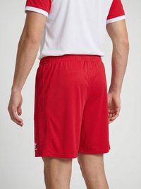 Bărbat purtând pantaloni scurți sport roșii și un tricou sport alb și roșu, văzut din spate pe un fundal simplu.