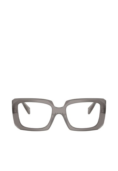 Occhiali rettangolari trasparenti grigi con bordi geometrici, caratterizzati da lenti larghe e aste sottili. Il materiale sembra plastica con una finitura liscia.