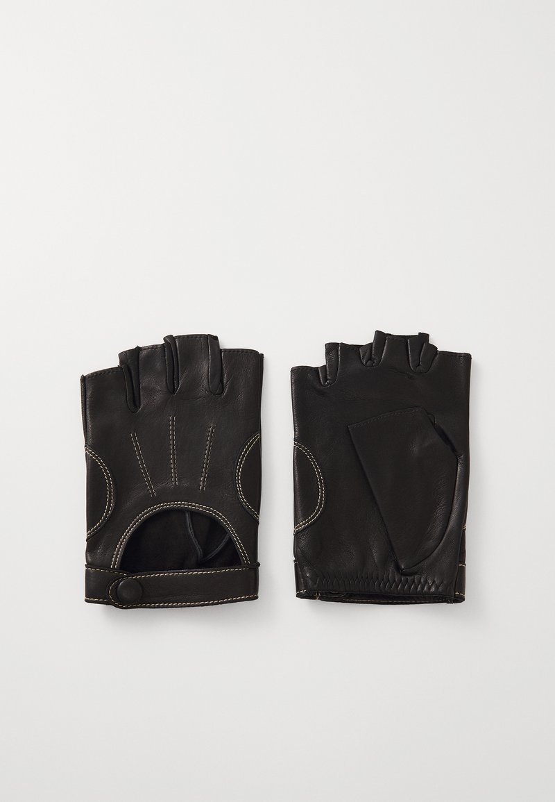 Black leather fingerless gloves with light stitching, featuring rounded cutouts and a button closure for secure fit. Smooth texture.
