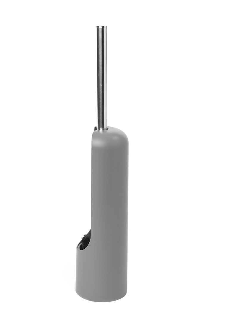 Grauer Toilettenbürstenhalter mit zylindrischem Design, Edelstahlgriff und einer schwarzen Bürste, die durch eine Seitenöffnung sichtbar ist.