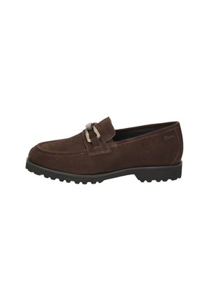 Dark brown suede loafer with black rubber sole and decorative silver buckle on top, viewed from the outer side.