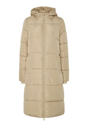 Beige boblevest med hette, som har horisontale quiltede seksjoner, en hel glidelås og to frontlommer. Glatt, lett materiale.