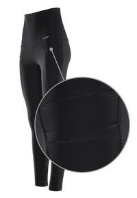 Leggings neri a vita alta con texture liscia. Presentano tasche laterali e cuciture rinforzate, garantendo durata e flessibilità.